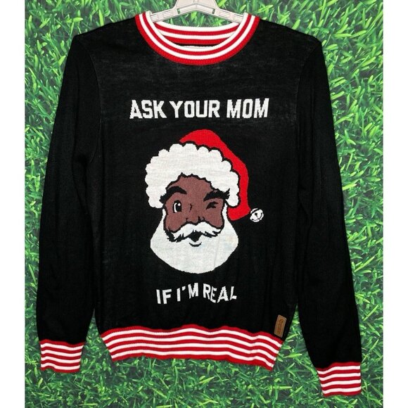 Tipsy Elves Black Santa Ask Your Mom If I’m Real Ugly Christmas Sweater Men’s XL - Picture 1 of 4